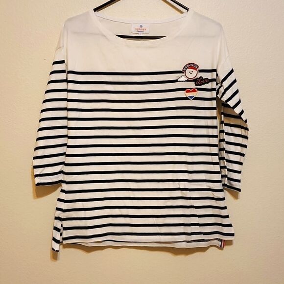 NWT Sundry Maritime Women's Navy Striped Bonjour Nautical 3/4 Sleeve Top - Sz. 1 - Picture 1 of 8